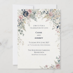 Invitación Boda floral de eucalipto con toque de rosa naval