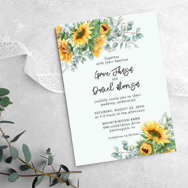 Invitación Boda floral de eucalipto de girasol ruso (Subido por el creador)