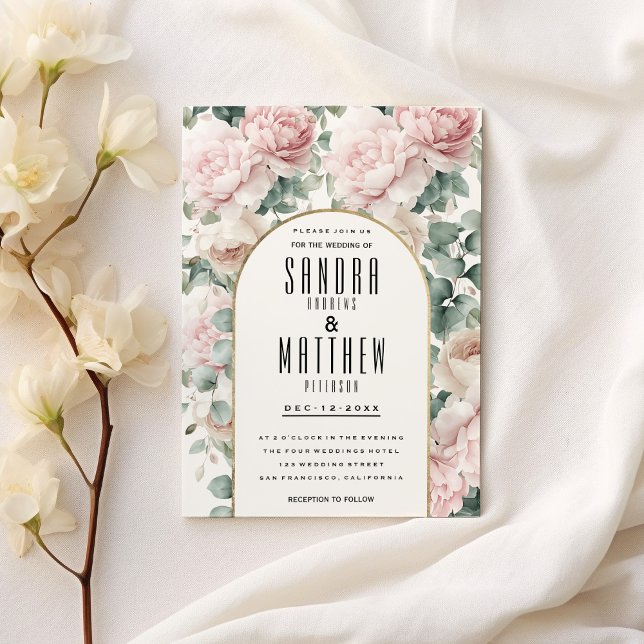 Invitación Boda floral de eucalipto de peonía rosada romántic (Romantic pink mint peony eucalyptus floral Wedding)