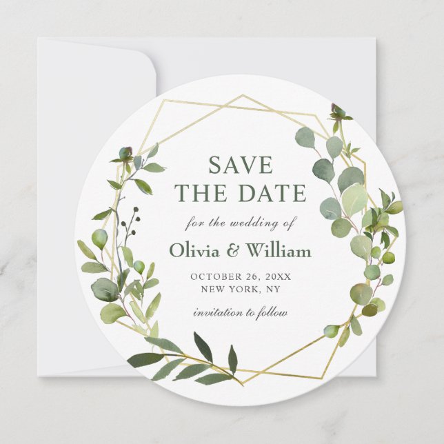 Invitación Boda floral de eucalipto moderno GUARDA LA FECHA (Anverso)
