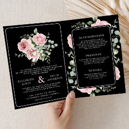 Invitación Boda floral de eucalipto negro rosa sonrosado