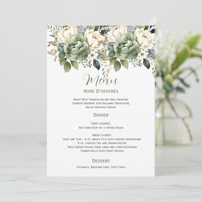 Invitación Boda Floral de Eucalipto Verde Salvia | Menú (Anverso de pie)