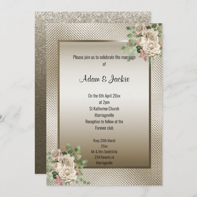 INVITACIÓN BODA FLORAL DE EUCALÍPTUS BRONZE METALICO DE EMBOS (Anverso / Reverso)