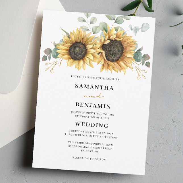 Invitación Boda floral de Eucalyptus (Sunflower Floral Eucalyptus Watercolor Wedding Invitation)