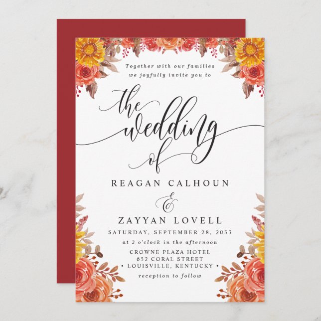Invitación Boda floral de Fall Burgundy Terracotta (Anverso / Reverso)