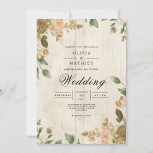 Invitación Boda floral de fibra de madera desenfadada