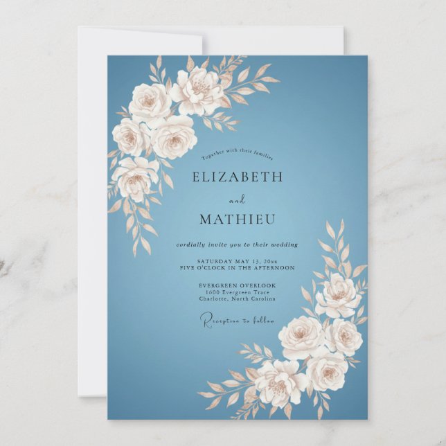 Invitación Boda Floral de Flor Azul Polvoriento (Anverso)