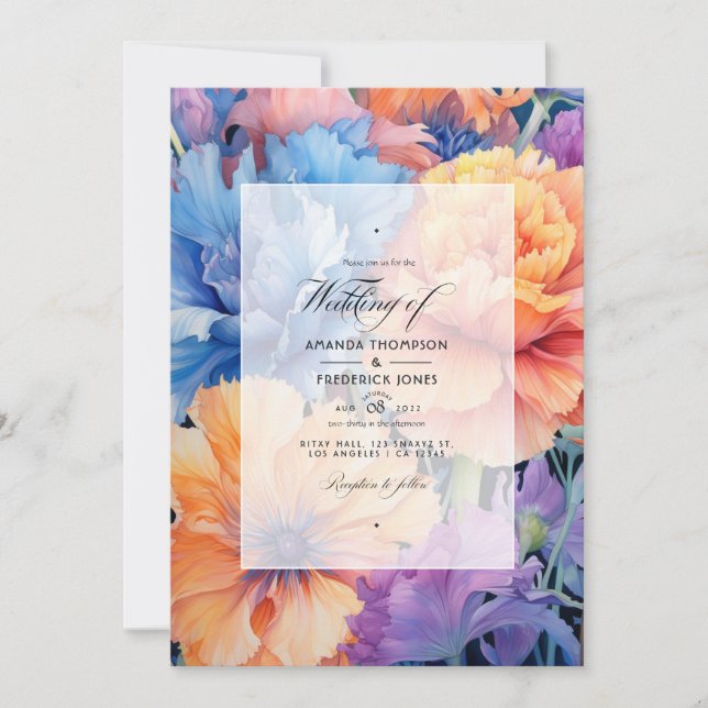 Invitación Boda floral de flor de maíz azul y melocotón (Anverso)