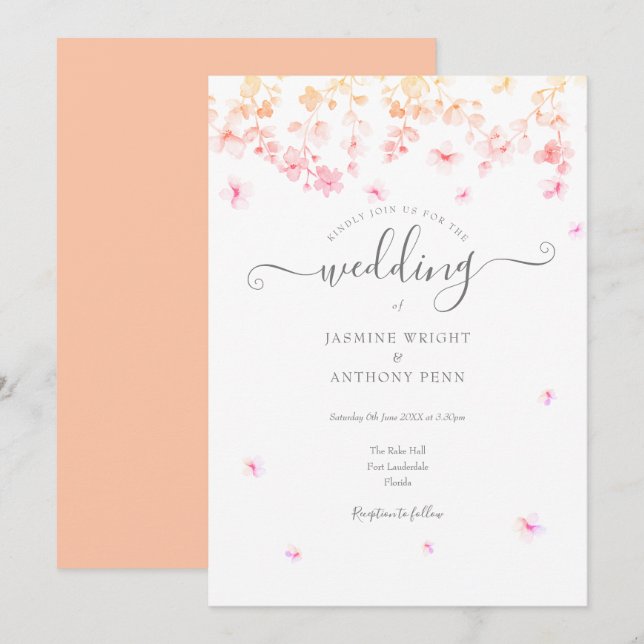 Invitación Boda Floral de Flor de Melocotón (Anverso / Reverso)