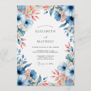 Invitación Boda Floral de Flor de Melocotón Azul