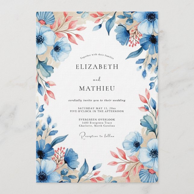 Invitación Boda Floral de Flor de Melocotón Azul (Anverso)