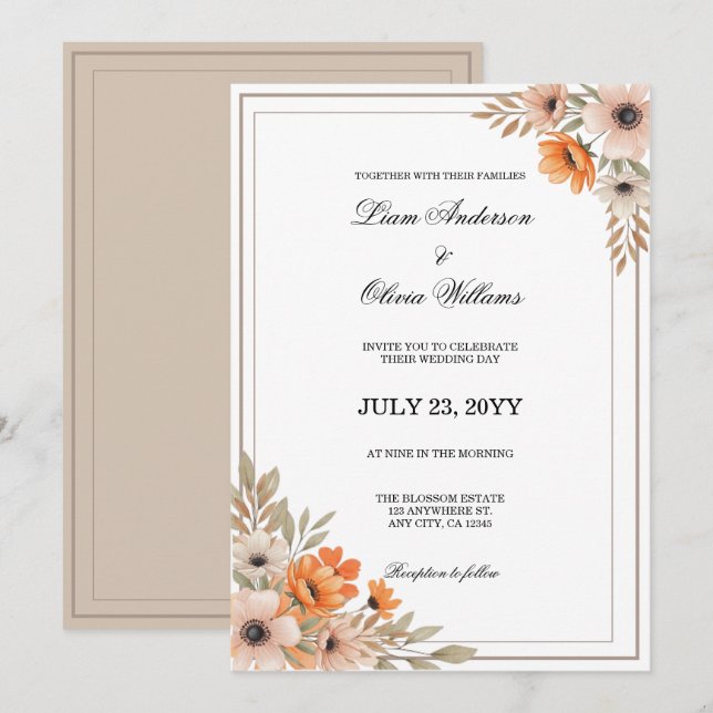 Invitación Boda floral de flor de melocotón con acuarela (Anverso / Reverso)
