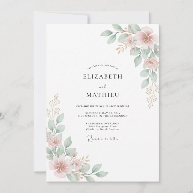 Invitación Boda floral de flor de rosa (Anverso)