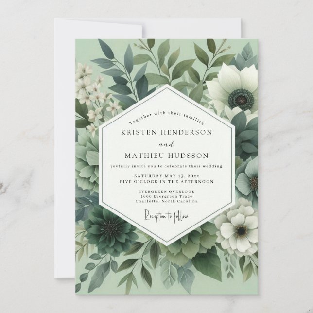 Invitación Boda Floral de Flor de Salvia Verde (Anverso)