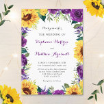 Invitación Boda floral de flor morado de girasol ruso<br><div class="desc">Estas invitaciones nupciales cuentan con un borde floral acuático de girasoles,  rosas morados y vegetación. Personalízalos con tu propio texto. Estas invitaciones forman parte de una colección que incluye papel boda coincidente. Visita nuestra tienda para ver toda la gama de artículos que puedes personalizar para tu boda.</div>