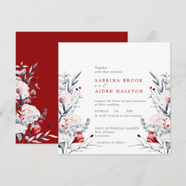 Invitación Boda Floral De Flor Rojo Y Azul (Anverso / Reverso)