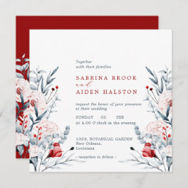 Invitación Boda Floral De Flor Rojo Y Azul