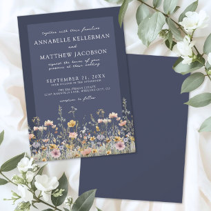 Invitación Boda Floral de Flor Silvestre Azul Marinho