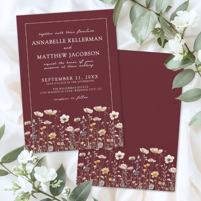 Invitación Boda Floral de Flor Silvestre Borgoña (Wildflower Burgundy Floral Wedding Invitation)