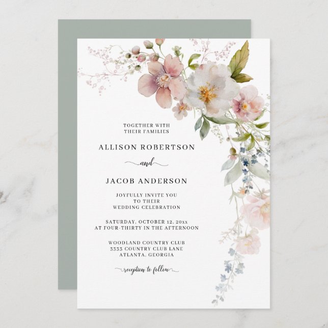 Invitación Boda floral de flor silvestre verde sabio (Anverso / Reverso)