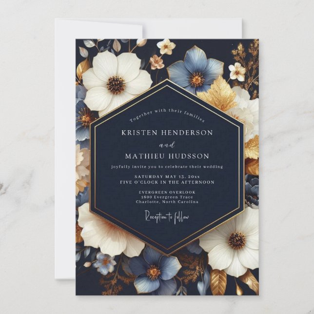 Invitación Boda Floral de Floración Azul Marino (Anverso)