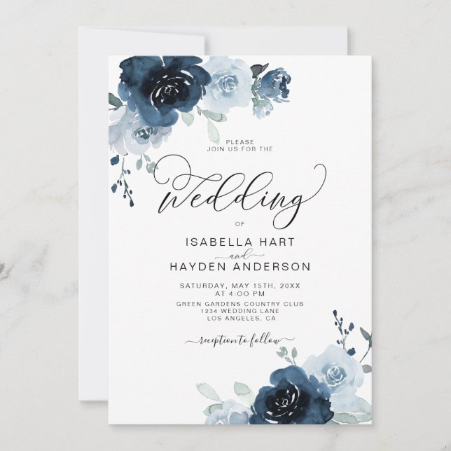 Invitación Boda floral de flores azules de marea negra (Anverso)