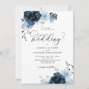Invitación Boda floral de flores azules de marea negra