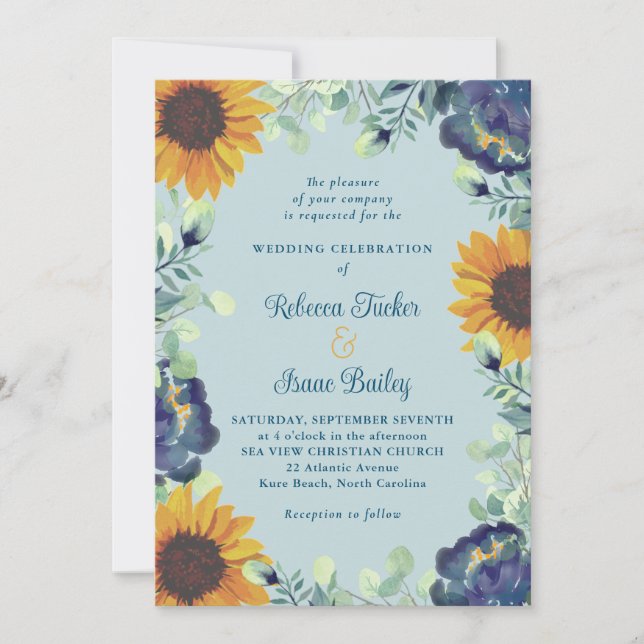 Invitación Boda floral de flores azules y girasoles (Anverso)