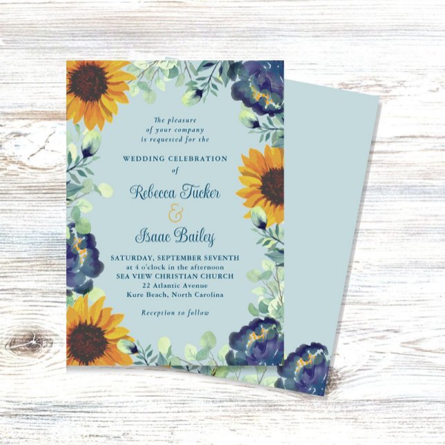 Invitación Boda floral de flores azules y girasoles (Subido por el creador)