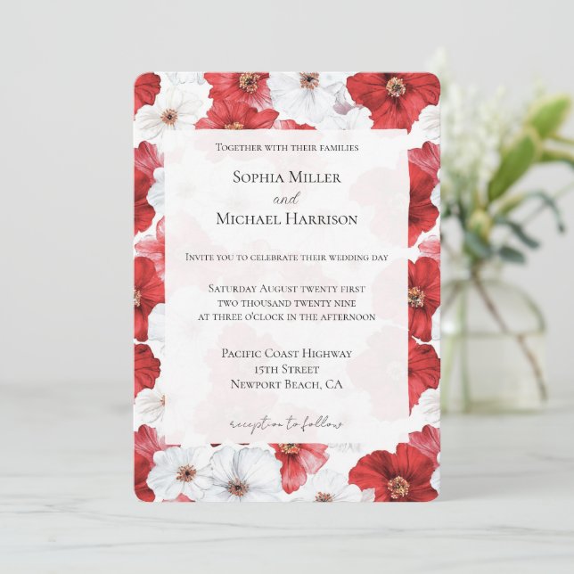 Invitación Boda Floral de Flores Blancas Rojas (Anverso de pie)
