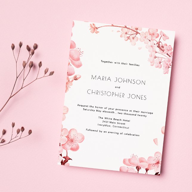 Invitación Boda floral de flores de cerezo rosa simple (Simple pink cherry blossom floral Wedding)