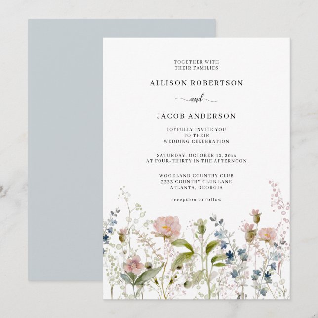Invitación Boda floral de flores silvestres azul rosado (Anverso / Reverso)