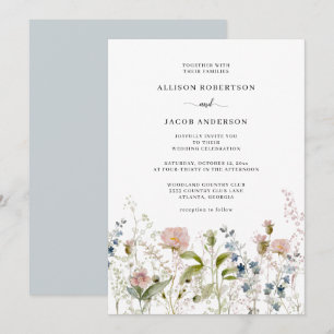 Invitación Boda floral de flores silvestres azul rosado