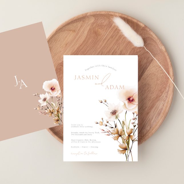 Invitación Boda floral de flores silvestres beige y rosa eleg (Simple Pink Wildflowers Beige Floral Wedding Invitation)