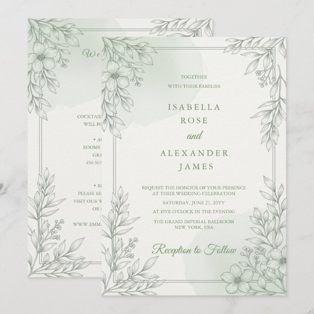 Invitación Boda floral de flores silvestres de arte de línea  (Anverso / Reverso)