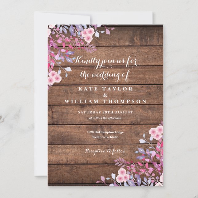 Invitación Boda Floral de Flores Silvestres de Madera Rústica (Anverso)