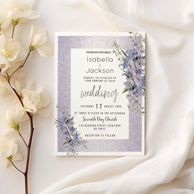 Invitación Boda floral de flores silvestres purpurina Lavende (Lavender glitter wildflowers floral Wedding )