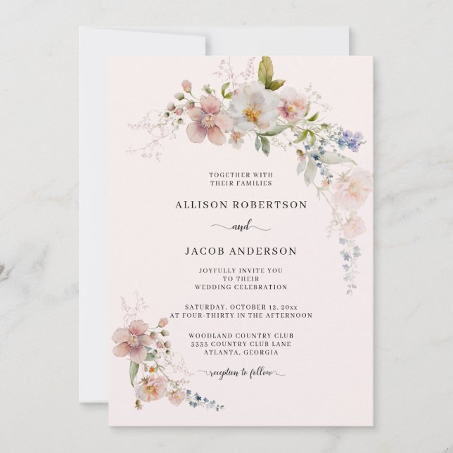 Invitación Boda floral de flores silvestres rosadas de Rubor  (Anverso)