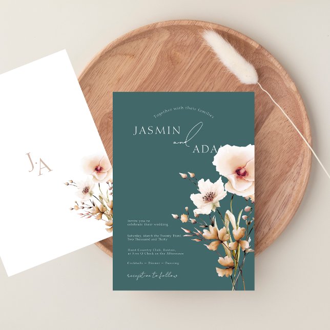 Invitación Boda floral de flores silvestres rosadas verde esm (Whimsical Emerald Green Pink Wildflowers Wedding Invitation)