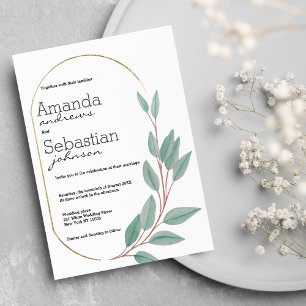 Invitación Boda floral de foliage marrón verde de menta dorad
