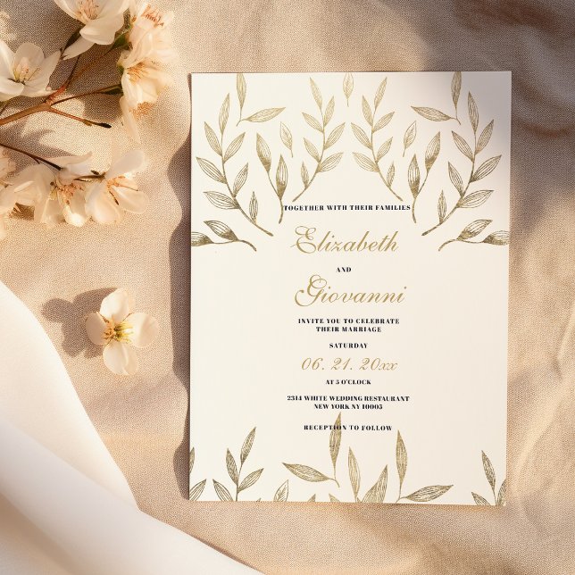 Invitación Boda floral de follaje dorado blanco de lujo simpl (Simple luxury white gold foliage floral wedding)