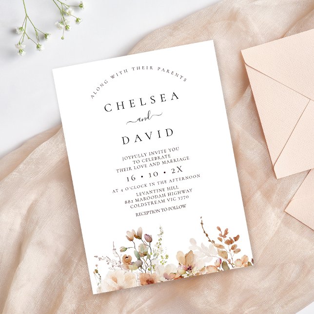 Invitación Boda floral de fotos rusticas marrones (Rustic Floral Wedding Invitation Template, Fall Floral Wedding Invitation, Brown Cream Floral  )