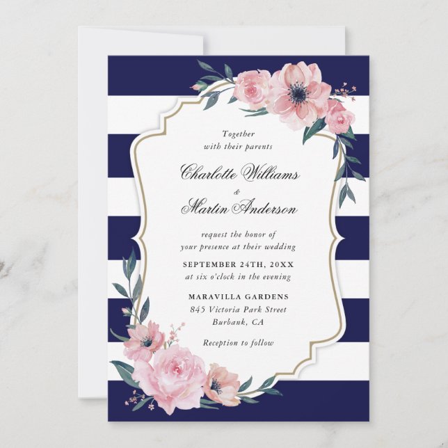Invitación Boda floral de franjas azules de la marina rosa de (Anverso)