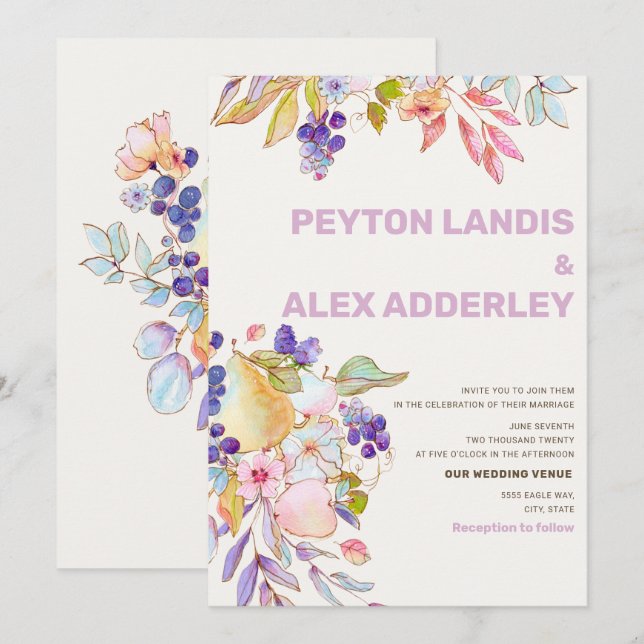 Invitación Boda floral de frutas rosadas y agitadas romántica (Anverso / Reverso)