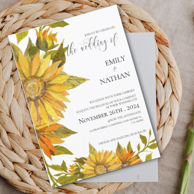 Invitación Boda floral de girasol amarillo romántico (Romantic Yellow Sunflower Floral Wedding Invitation)