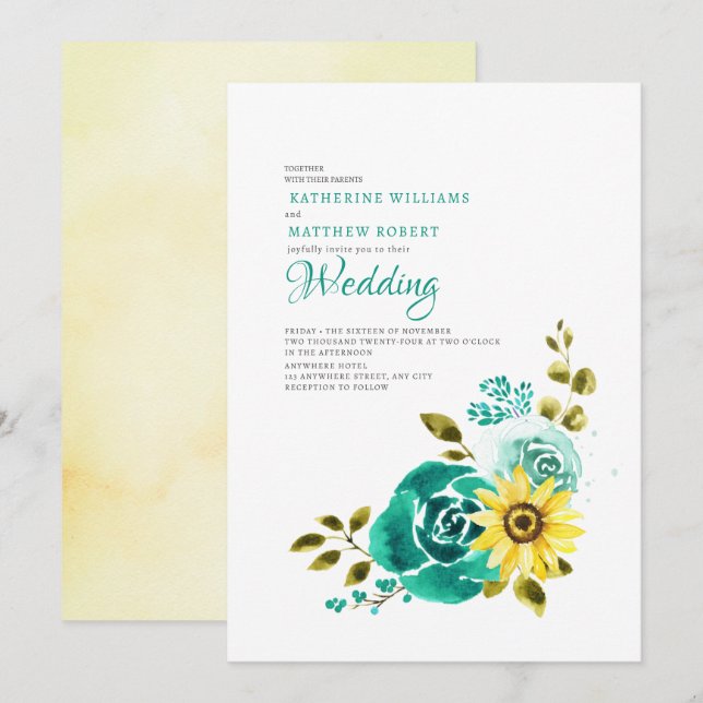 Invitación Boda floral de girasol amarillo verde azulado (Anverso / Reverso)