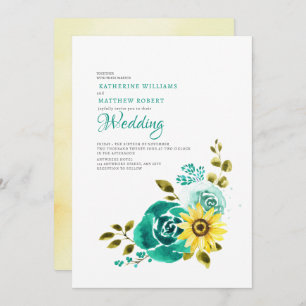 Invitación Boda floral de girasol amarillo verde azulado