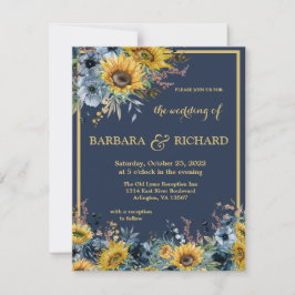 Invitación Boda floral de girasol azul de la marina de presup
