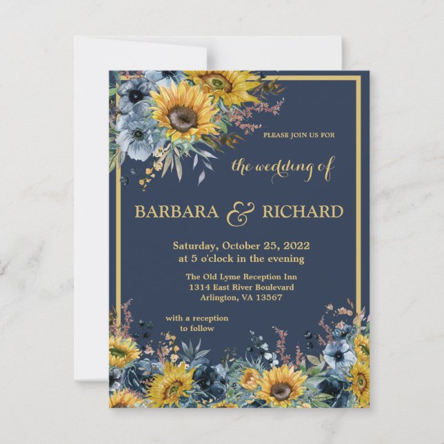 Invitación Boda floral de girasol azul de la marina de presup (Anverso)