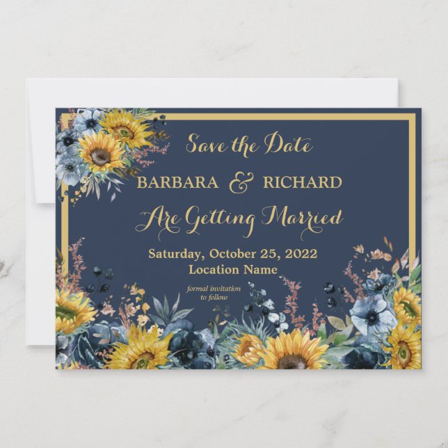 Invitación Boda floral de girasol azul de la marina Save Date (Anverso)